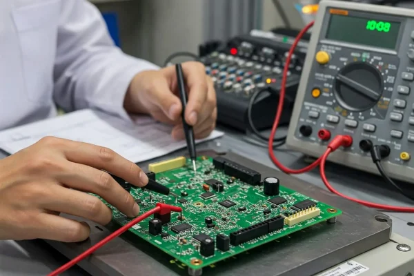 Engineer probing a powered PCB with a multimeter during functional circuit test